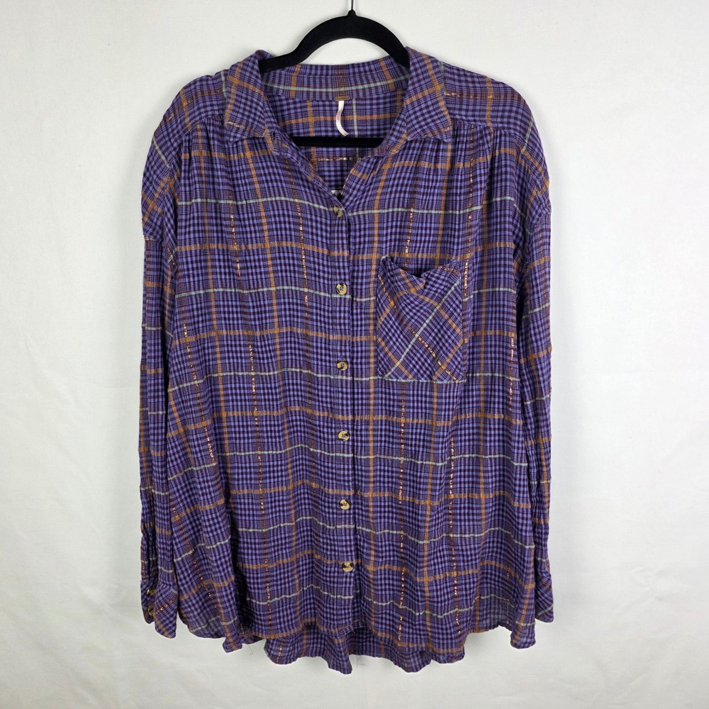 Free People Purple Plaid Metallic Button Down Shirt Oversized Large OB1029279 - Picture 2 of 7